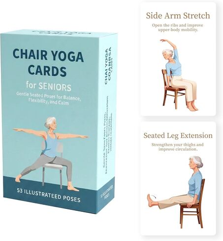 بطاقات يوغا كبيرة الحجم لكبار السن، 53 وضعية لليوجا والتمدد، سطح تمارين بطباعة كبيرة خطوة بخطوة مع صندوق تخزين، حركة منخفضة التأثير وتمارين مرونة لكبار السن in Kuwait