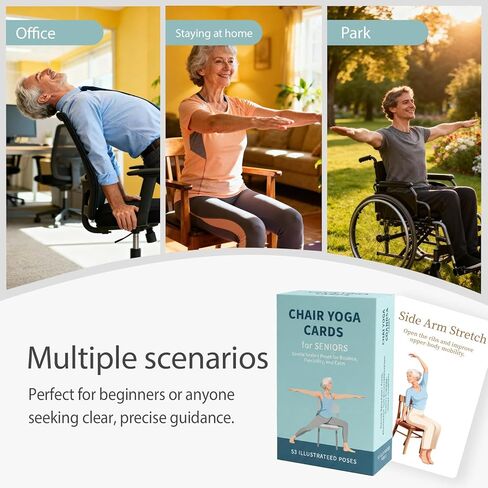 بطاقات يوغا كبيرة الحجم لكبار السن، 53 وضعية لليوجا والتمدد، سطح تمارين بطباعة كبيرة خطوة بخطوة مع صندوق تخزين، حركة منخفضة التأثير وتمارين مرونة لكبار السن in Kuwait