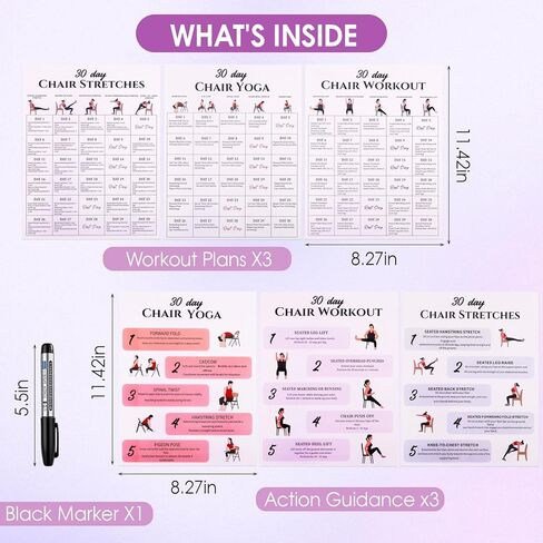 Karlaris 30 Day Chair Yoga Chart Posters Set,6-Pack Workout Charts with Black Marker,Stretching And Gentle Seated Exercise Chart,Office Yoga Poses,Senior Exercise Guide,30-Day Challenges in Kuwait