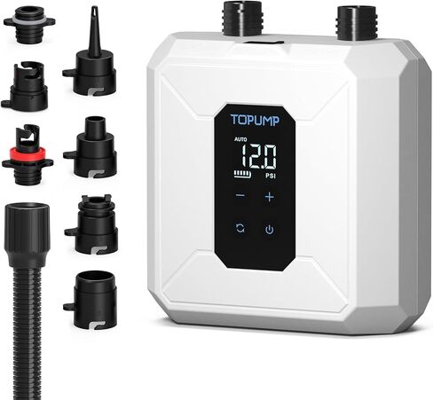 مضخة لوح مجداف كهربائية محمولة، مضخة SUP لاسلكية قابلة لإعادة الشحن بقوة 20 رطل لكل بوصة مربعة مع إيقاف تلقائي، نفخ وتفريغ سريع مزدوج المرحلة، 7 فوهات لزوارق الكاياك والقوارب والخيام in Kuwait