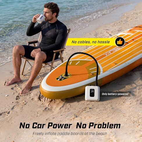 مضخة لوح مجداف كهربائية محمولة، مضخة SUP لاسلكية قابلة لإعادة الشحن بقوة 20 رطل لكل بوصة مربعة مع إيقاف تلقائي، نفخ وتفريغ سريع مزدوج المرحلة، 7 فوهات لزوارق الكاياك والقوارب والخيام in Kuwait