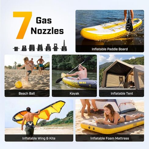 مضخة لوح مجداف كهربائية محمولة، مضخة SUP لاسلكية قابلة لإعادة الشحن بقوة 20 رطل لكل بوصة مربعة مع إيقاف تلقائي، نفخ وتفريغ سريع مزدوج المرحلة، 7 فوهات لزوارق الكاياك والقوارب والخيام in Kuwait