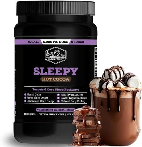 بلاك فورست سليبي هوت كاكاو - مسحوق نوم الكاكاو الساخن من المغنيسيوم الساخن للبالغين مع الميلاتونين والل-ثيانين - مزيج مشروب النوم الطبيعي للنوم العميق والاسترخاء، مسحوق النوم 22 حصة in Kuwait