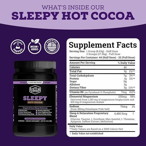 بلاك فورست سليبي هوت كاكاو - مسحوق نوم الكاكاو الساخن من المغنيسيوم الساخن للبالغين مع الميلاتونين والل-ثيانين - مزيج مشروب النوم الطبيعي للنوم العميق والاسترخاء، مسحوق النوم 22 حصة in Kuwait
