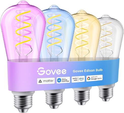 مصابيح Govee Edison، مصابيح إضاءة كلاسيكية ذكية، تغيير لون RGB وأبيض قابل للضبط، متوافقة مع المادة، Alexa & Google Assistant، لمبة خيوط LED، ST19(58)، قاعدة E26 لديكور المنزل، 4 عبوات in Saudi Arabia