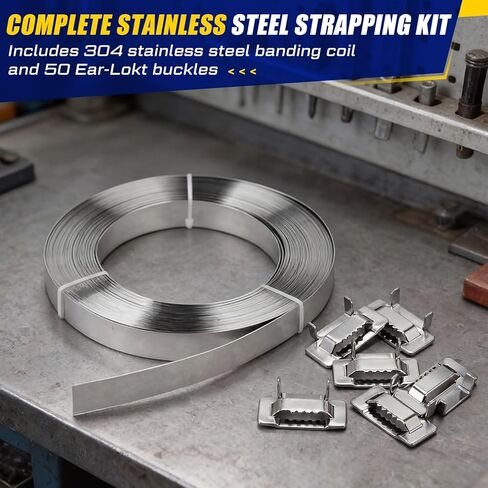 Fumete 3/4 بوصة × 148 قدمًا مجموعة ربط من الفولاذ المقاوم للصدأ مع 50 مشبكًا للأذن، 304 ملف تغليف من الفولاذ المقاوم للصدأ لإدارة مستودعات العمل الصناعية in Kuwait