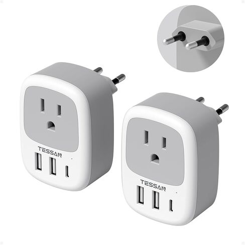 2 Pack European Travel Plud Adapter ، Tessan US to Europe Plug Adapter مع 3 منافذ USB (1 USB C) ، منفذ الطاقة C للاتحاد الأوروبي إيطاليا أيسلندا إسبانيا فرنسا ألمانيا in Saudi Arabia