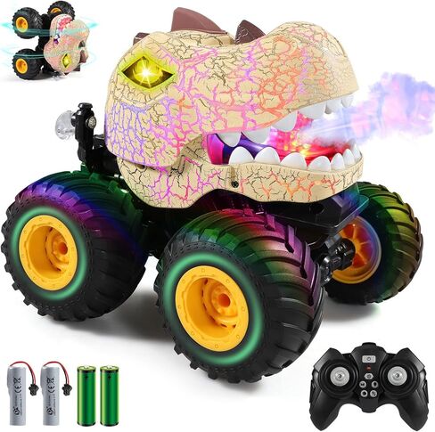 Remote Control Car, 2.4Ghz All Terrain Dinosaur Monster Truck Toys, RC Truck with Spay, Music, 3 Lighting Effects, Stunt Capable, Toy Gifts for Boys and Girls (Yellow) in Kuwait