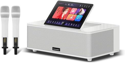 2026 KaraoPro KV-MS9 نظام مكبرات الصوت الكامل مع 2 ميكروفونات لاسلكية، مشغل كاريوكي صيني، شاشة لمس عالية الدقة 14 بوصة، تنزيل أغنية سحابية عالية السرعة 650K ويوتيوب (أبيض) in Kuwait