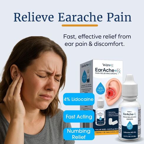 EarAcheRx ™ قطرات تخفيف الألم من WaxRx - 4٪ ليدوكائين سريع المفعول لتخفيف آلام الأذن - آمن للبالغين والأطفال 2+ - يتضمن سدادات قطنية - 0.5 أونصة سائلة in Saudi Arabia