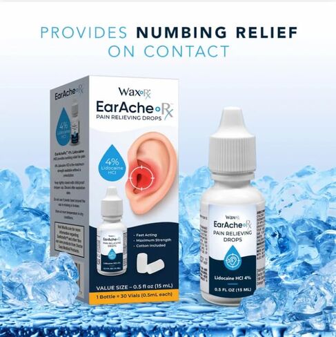 EarAcheRx ™ قطرات تخفيف الألم من WaxRx - 4٪ ليدوكائين سريع المفعول لتخفيف آلام الأذن - آمن للبالغين والأطفال 2+ - يتضمن سدادات قطنية - 0.5 أونصة سائلة in Saudi Arabia