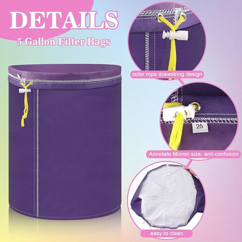 1Pcs 5 Gallon Filter Bags, Windspeed Oxford Cloth All-Mesh Filter Bags for 5 Gallon Bucket with Filter Screen and Storage Pouch (Purple(25 Micron)) in Kuwait