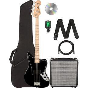 Fender Squier Affinity Jaguar Bass H - Black Bundle with Rumble 15 Amplifier, Instrument Cable, Gig Bag, Tuner, Strap, and Austin Bazaar Instructional DVD in Kuwait