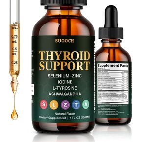 دعم الغدة الدرقية للنساء والرجال - قطرات دعم الغدة الدرقية مع اليود والسيلينيوم والزنك والتيروزين والأشواغاندا - دعم يومي للغدة الدرقية والتمثيل الغذائي والطاقة - 4 أونصة سائلة (120 مل) in Kuwait