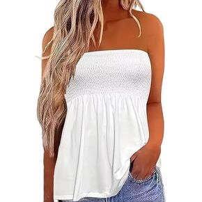 MHTOR American Flag Smocked Strapless Bandeau Tank Women 4th of July Sleeveless Casual Pleated Flowy Crop Tunic Blouses in Kuwait