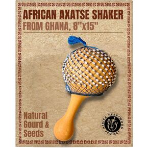 Africa Heartwood Project Axatse African Shaker - 8" X 15" Handmade Shekere Maraca with Durable Gourd Body, Natural Seed Beads, and Handle - Authentic Shakers Musical Instruments, Handcrafted in Ghana in Kuwait