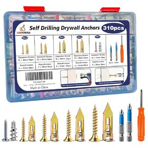 310PCS Self Drilling Drywall Anchors with Screws Kit,5-Sizes Metal Expansion Bolt for Dry Wall,155 PCS Sheetrock Anchors and 155 PCS Screws-No Drill Needed in Kuwait