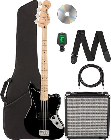 Fender Squier Affinity Jaguar Bass H - Black Bundle with Rumble 15 Amplifier, Instrument Cable, Gig Bag, Tuner, Strap, and Austin Bazaar Instructional DVD in Kuwait