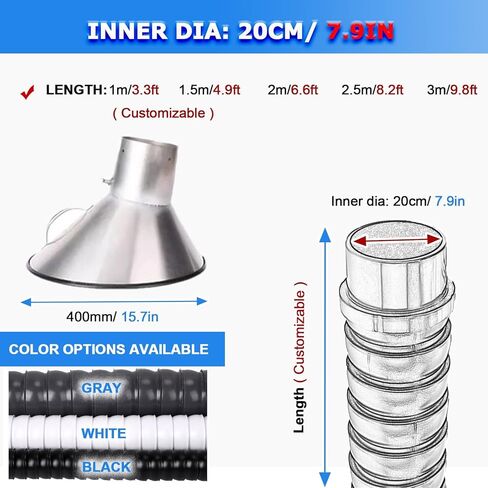 Stainless Steel Fume Hood,Stainless Steel Flexible Duct Collector Arm, Articulated Fume Extractor Hose for HVAC & Factory Shops, Compatible with ID11cm/ID16cm/ID20cm, 1.5m Length in Kuwait