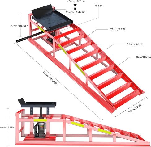 قطعتان من منحدر السيارة الهيدروليكي، منحدر سيارة شديد التحمل 5T/11000 رطل، منحدر تغيير الزيت الهيدروليكي مع شريط عاكس مدمج عالي الوضوح، ارتفاع رفع قابل للتعديل من 9.8-15 بوصة منحدر سيارة المرآب، أحمر in Kuwait