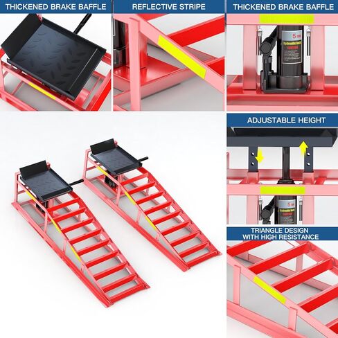 قطعتان من منحدر السيارة الهيدروليكي، منحدر سيارة شديد التحمل 5T/11000 رطل، منحدر تغيير الزيت الهيدروليكي مع شريط عاكس مدمج عالي الوضوح، ارتفاع رفع قابل للتعديل من 9.8-15 بوصة منحدر سيارة المرآب، أحمر in Kuwait