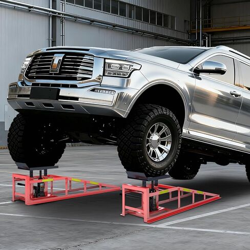 قطعتان من منحدر السيارة الهيدروليكي، منحدر سيارة شديد التحمل 5T/11000 رطل، منحدر تغيير الزيت الهيدروليكي مع شريط عاكس مدمج عالي الوضوح، ارتفاع رفع قابل للتعديل من 9.8-15 بوصة منحدر سيارة المرآب، أحمر in Kuwait