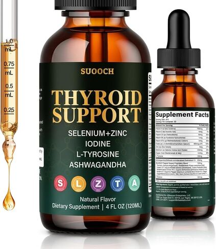 دعم الغدة الدرقية للنساء والرجال - قطرات دعم الغدة الدرقية مع اليود والسيلينيوم والزنك والتيروزين والأشواغاندا - دعم يومي للغدة الدرقية والتمثيل الغذائي والطاقة - 4 أونصة سائلة (120 مل) in Kuwait