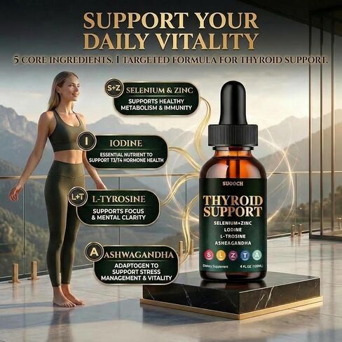 دعم الغدة الدرقية للنساء والرجال - قطرات دعم الغدة الدرقية مع اليود والسيلينيوم والزنك والتيروزين والأشواغاندا - دعم يومي للغدة الدرقية والتمثيل الغذائي والطاقة - 4 أونصة سائلة (120 مل) in Kuwait