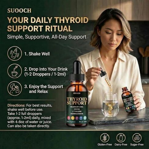 دعم الغدة الدرقية للنساء والرجال - قطرات دعم الغدة الدرقية مع اليود والسيلينيوم والزنك والتيروزين والأشواغاندا - دعم يومي للغدة الدرقية والتمثيل الغذائي والطاقة - 4 أونصة سائلة (120 مل) in Kuwait