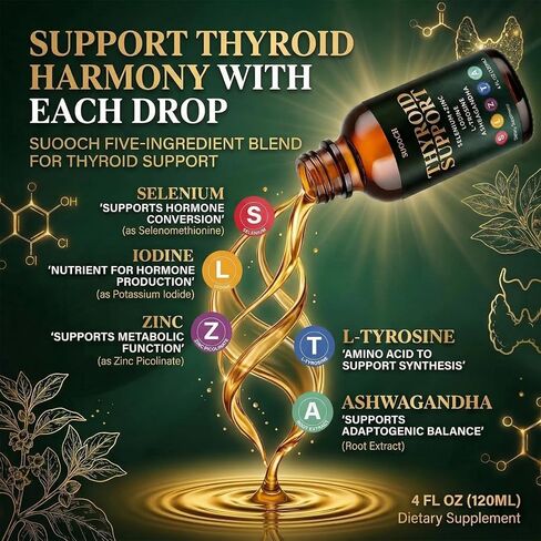 دعم الغدة الدرقية للنساء والرجال - قطرات دعم الغدة الدرقية مع اليود والسيلينيوم والزنك والتيروزين والأشواغاندا - دعم يومي للغدة الدرقية والتمثيل الغذائي والطاقة - 4 أونصة سائلة (120 مل) in Kuwait