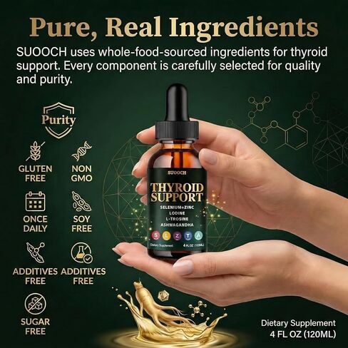 دعم الغدة الدرقية للنساء والرجال - قطرات دعم الغدة الدرقية مع اليود والسيلينيوم والزنك والتيروزين والأشواغاندا - دعم يومي للغدة الدرقية والتمثيل الغذائي والطاقة - 4 أونصة سائلة (120 مل) in Kuwait
