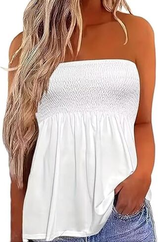 MHTOR American Flag Smocked Strapless Bandeau Tank Women 4th of July Sleeveless Casual Pleated Flowy Crop Tunic Blouses in Kuwait