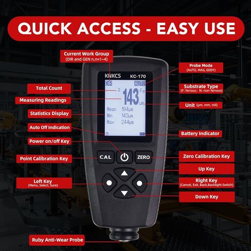 مقياس عمق الطلاء - مقياس الطلاء للحديد والصلب والألومنيوم مع مقياس سمك الطلاء 0 ~ 2000 ميكرومتر مع التعرف التلقائي على الركيزة، دقة 0.1 ميكرومتر، نقل بيانات USB، إضاءة خلفية للتنبيه الأحمر in Kuwait