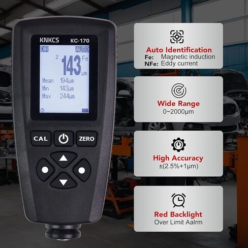 مقياس عمق الطلاء - مقياس الطلاء للحديد والصلب والألومنيوم مع مقياس سمك الطلاء 0 ~ 2000 ميكرومتر مع التعرف التلقائي على الركيزة، دقة 0.1 ميكرومتر، نقل بيانات USB، إضاءة خلفية للتنبيه الأحمر in Kuwait