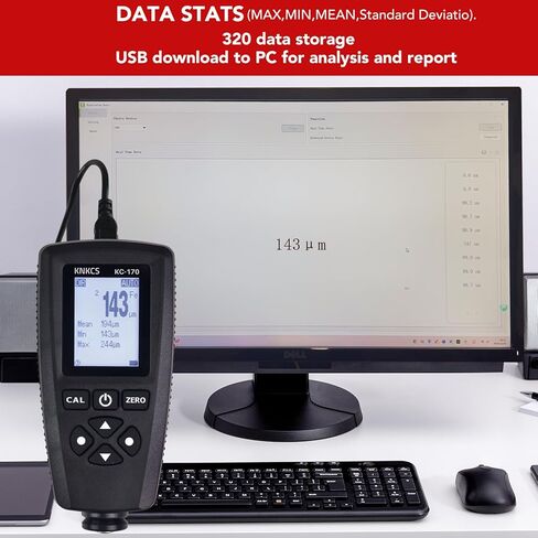 مقياس عمق الطلاء - مقياس الطلاء للحديد والصلب والألومنيوم مع مقياس سمك الطلاء 0 ~ 2000 ميكرومتر مع التعرف التلقائي على الركيزة، دقة 0.1 ميكرومتر، نقل بيانات USB، إضاءة خلفية للتنبيه الأحمر in Kuwait