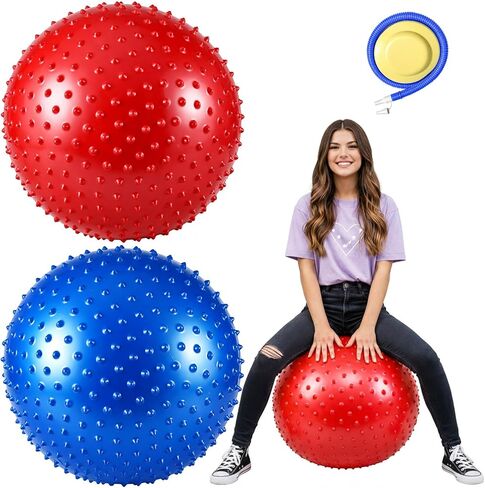 Soulchen 2 Pcs 25 Inch Sensory Exercise Yoga Ball Giant Large Bouncy Spiky Massage Stress Balls with Pump Inflatable Rubber Knobby Kickball for Yoga Sensory Outdoor Beach Play Gym in Saudi Arabia
