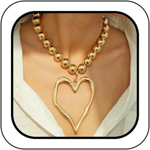 قلادة كبيرة كبيرة من حبات القلب الذهبية الفريدة من نوعها ، سحر ، سحر كبير جوفاء ، قلادة القلب ، قلادة ، قلادة ، حزب ، هدية مجوهرات y2k in Kuwait