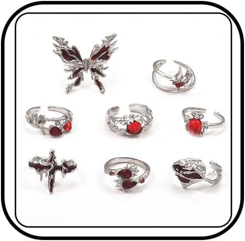 Gothic Vintage Rings for Women Red Kuncle Ring Set Silver Punk Goth Butterfly Cross Heart Y2K Rings Adjustable Opening Crystal Stackable Statement Ring Halloween Jewelry in Saudi Arabia