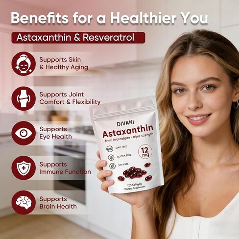 ديفاني أستازانتين 12 ملجم، مكمل مضاد للأكسدة للصحة اليومية والمناعة ودعم العين والجلد، غير معدل وراثيًا، خالٍ من الغلوتين - 120 كبسولة هلامية in Kuwait