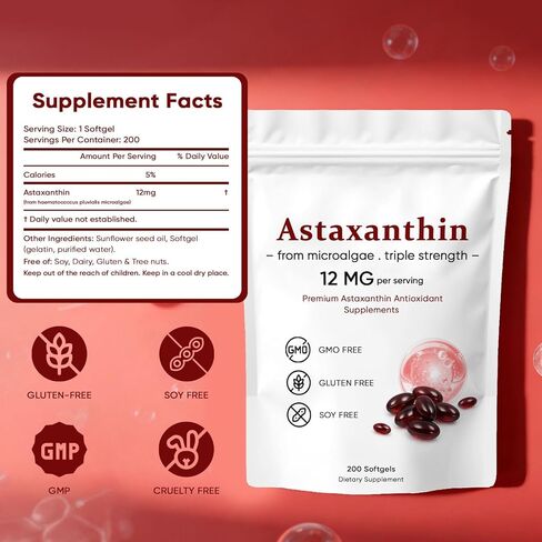 Astaxanthin 12mg, Premium Astaxanthin Antioxidant Supplements, Supports Eye, Skin, Immune, Joint, Internal Circulation, Non-GMO Verified & Gluten Free - 200 Softgels in Saudi Arabia