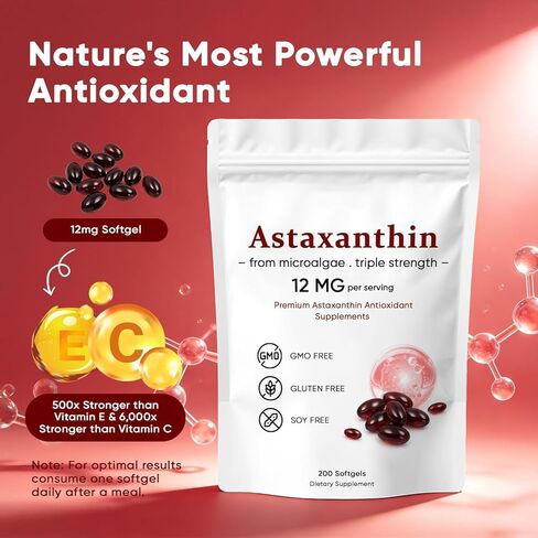 Astaxanthin 12mg, Premium Astaxanthin Antioxidant Supplements, Supports Eye, Skin, Immune, Joint, Internal Circulation, Non-GMO Verified & Gluten Free - 200 Softgels in Saudi Arabia