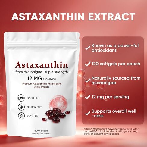 Astaxanthin 12mg, Premium Astaxanthin Antioxidant Supplements, Supports Eye, Skin, Immune, Joint, Internal Circulation, Non-GMO Verified & Gluten Free - 200 Softgels in Saudi Arabia