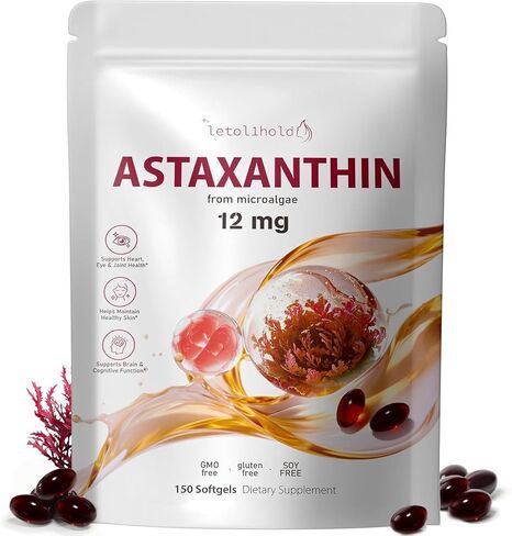 Astaxanthin 12mg, 150 Softgels - 5 Month Supply, Astaxanthin Supplements Sourced from Fresh Microalgae, Non-GMO, Gluten Free, Easy to Swallow in Kuwait