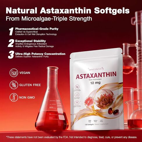 Astaxanthin 12mg, 150 Softgels - 5 Month Supply, Astaxanthin Supplements Sourced from Fresh Microalgae, Non-GMO, Gluten Free, Easy to Swallow in Kuwait