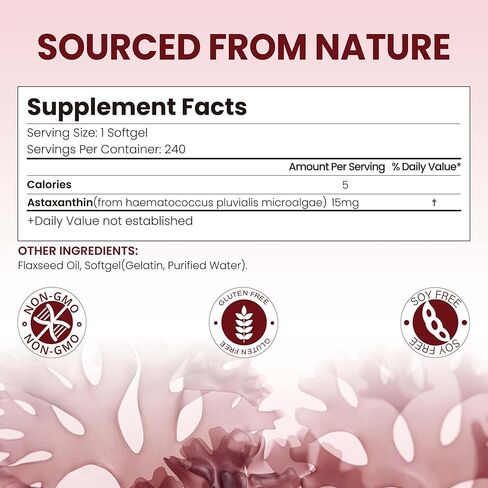 15mg Astaxanthin | 240 Softgels | Astaxanthin Supplements | 8 Month Supply | Antioxidant Support, Eye & Skin Health | Internal Circulation | Non-GMO, Gluten-Free, No Soy in Kuwait