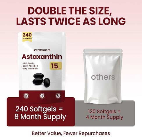 15mg Astaxanthin | 240 Softgels | Astaxanthin Supplements | 8 Month Supply | Antioxidant Support, Eye & Skin Health | Internal Circulation | Non-GMO, Gluten-Free, No Soy in Kuwait