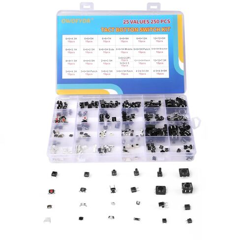 250Pcs Tactile Push Button Switch Kit, 25 Values SMD Micro Momentary Tactile Switch, 12V PCB Tactile Switch for Electronic DIY & Industrial Equipment in Saudi Arabia