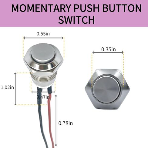 12mm Momentary Push Button Switch, High Head, Waterproof Metal On Off Switch with Pre-Wired Harness for Car, Boat, Truck (12V/24V/125V/250V) Push Button Switch Without Led 3pcs in Kuwait