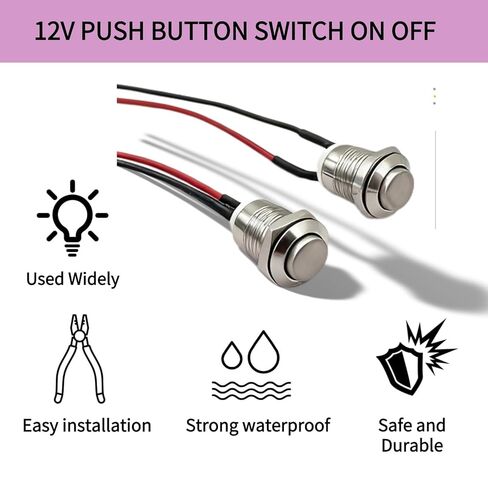 12mm Momentary Push Button Switch, High Head, Waterproof Metal On Off Switch with Pre-Wired Harness for Car, Boat, Truck (12V/24V/125V/250V) Push Button Switch Without Led 3pcs in Kuwait