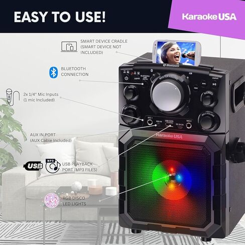 OGQ410 مشغل كاريوكي MP3 محمول مع بلوتوث ونظام PA وبطارية مدمجة قابلة للشحن | مكبر صوت مضيء مع تأثيرات LED ومدخلات ميكروفون مزدوجة وتشغيل USB وبث لاسلكي in Kuwait
